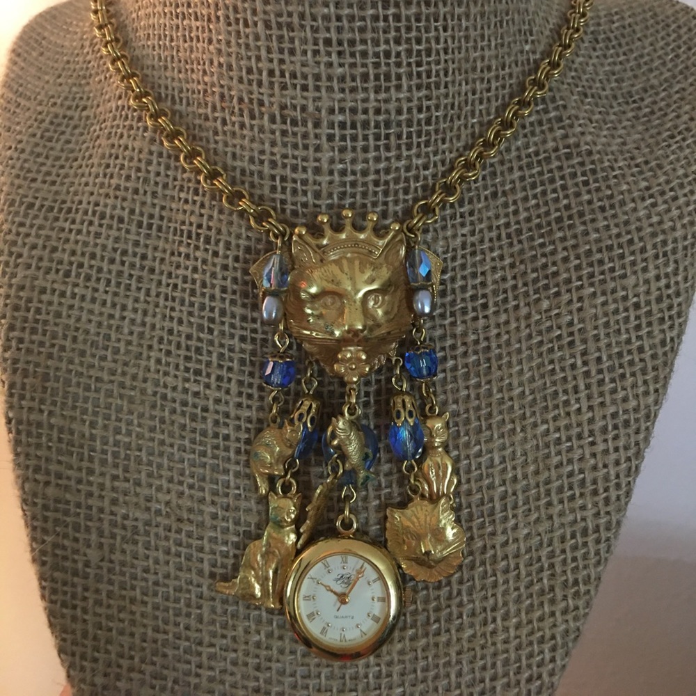 Vintage Gold Cat & Clock Necklace